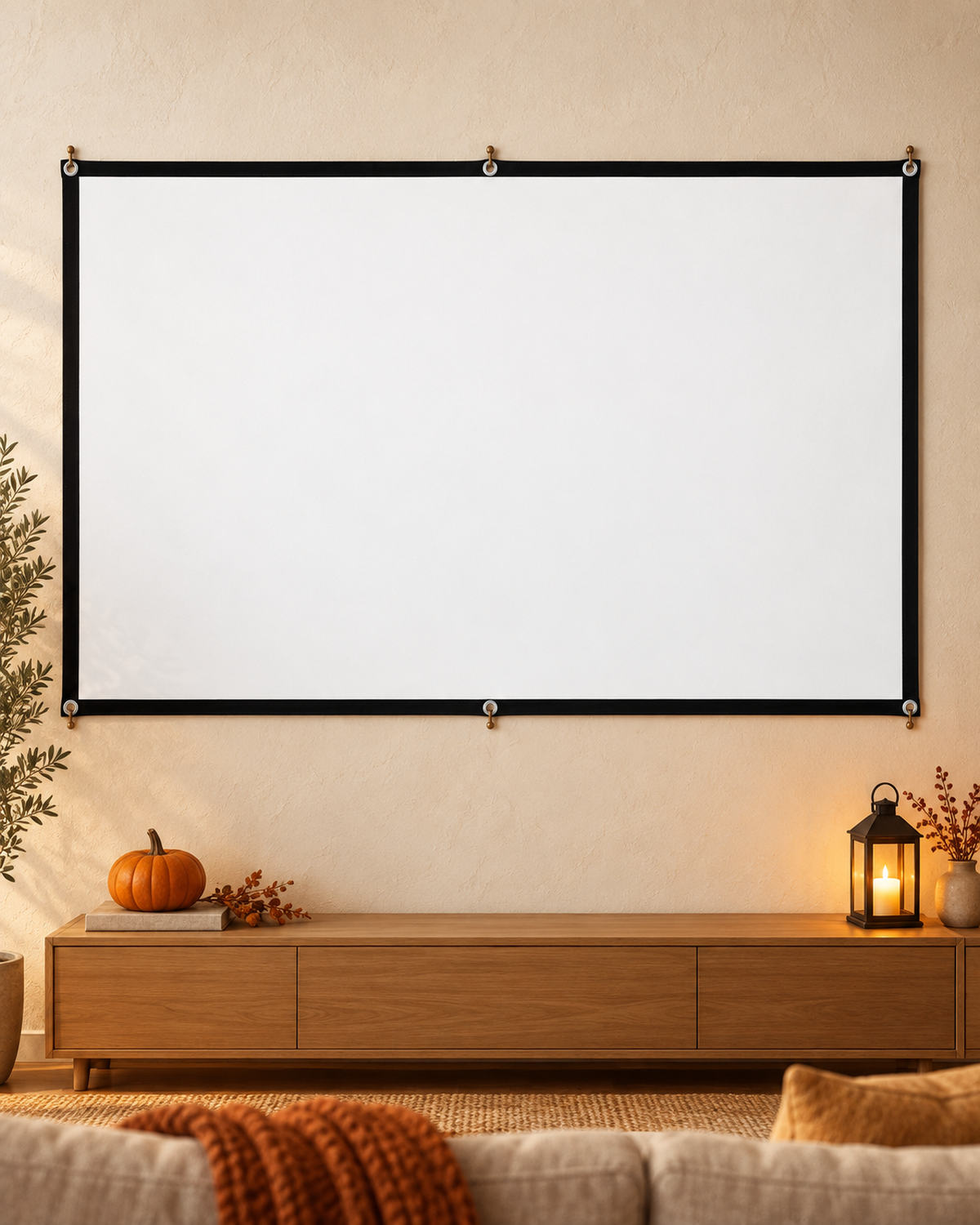 Projectiescherm in een warme herfstsfeer voor de filmavond