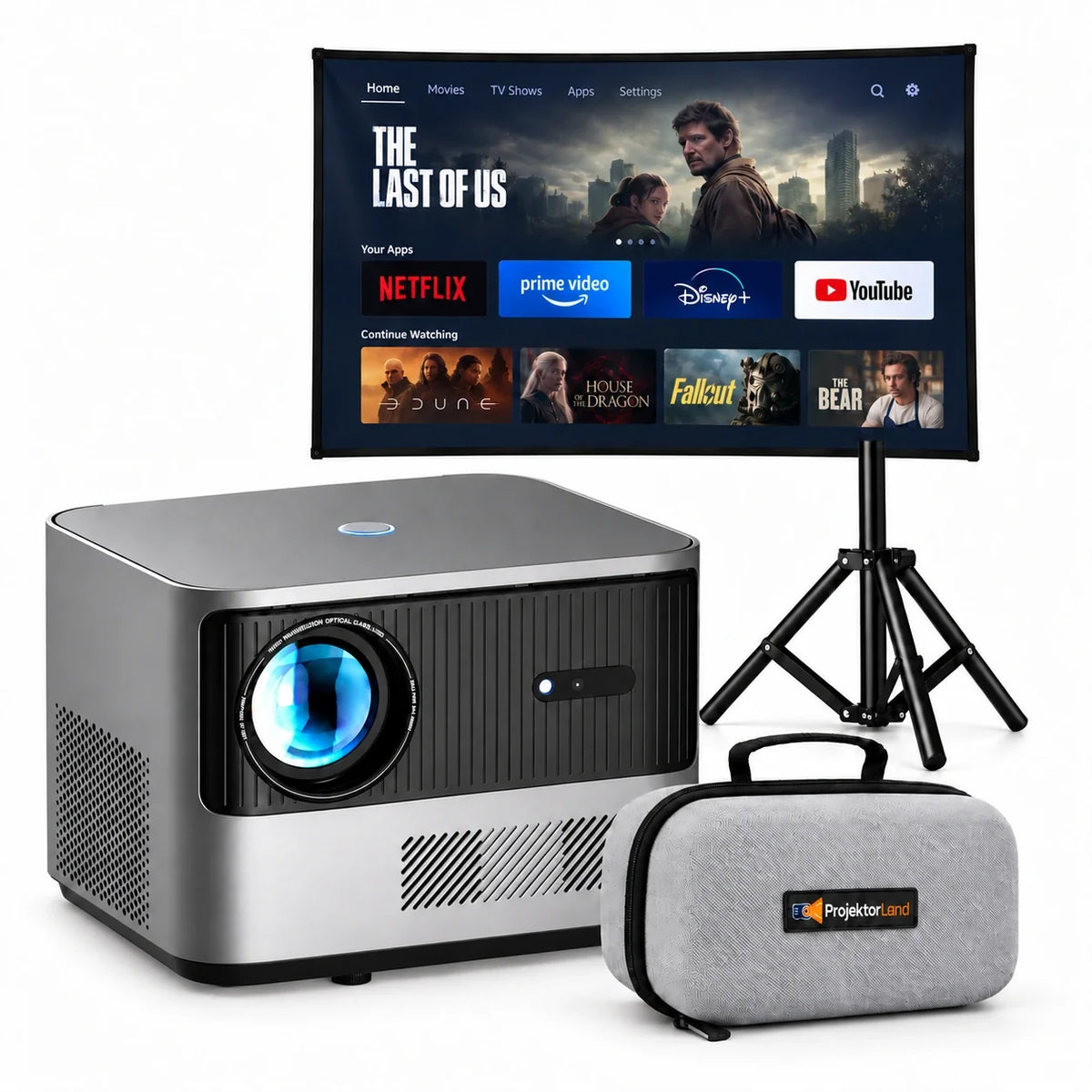 Grand Cinema-beamer met projectiescherm, statief en grijze beschermtas