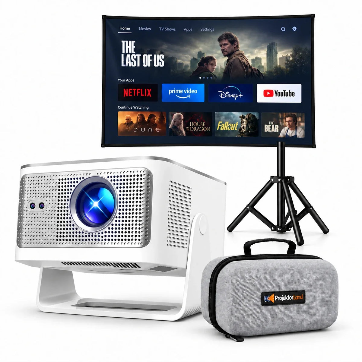 Horizon Max-beamer met projectiescherm, statief en grijze beschermtas