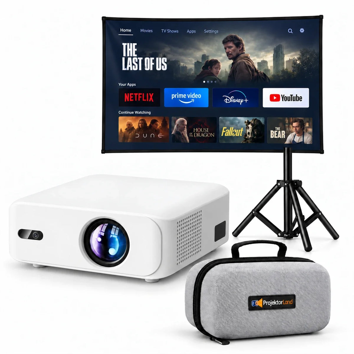 Horizon-beamer met projectiescherm, statief en grijze beschermtas