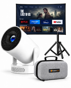 Luma One met scherm van 80 inch, statief en ProjektorLand-tas; illustratief voorbeeld van streamingapps