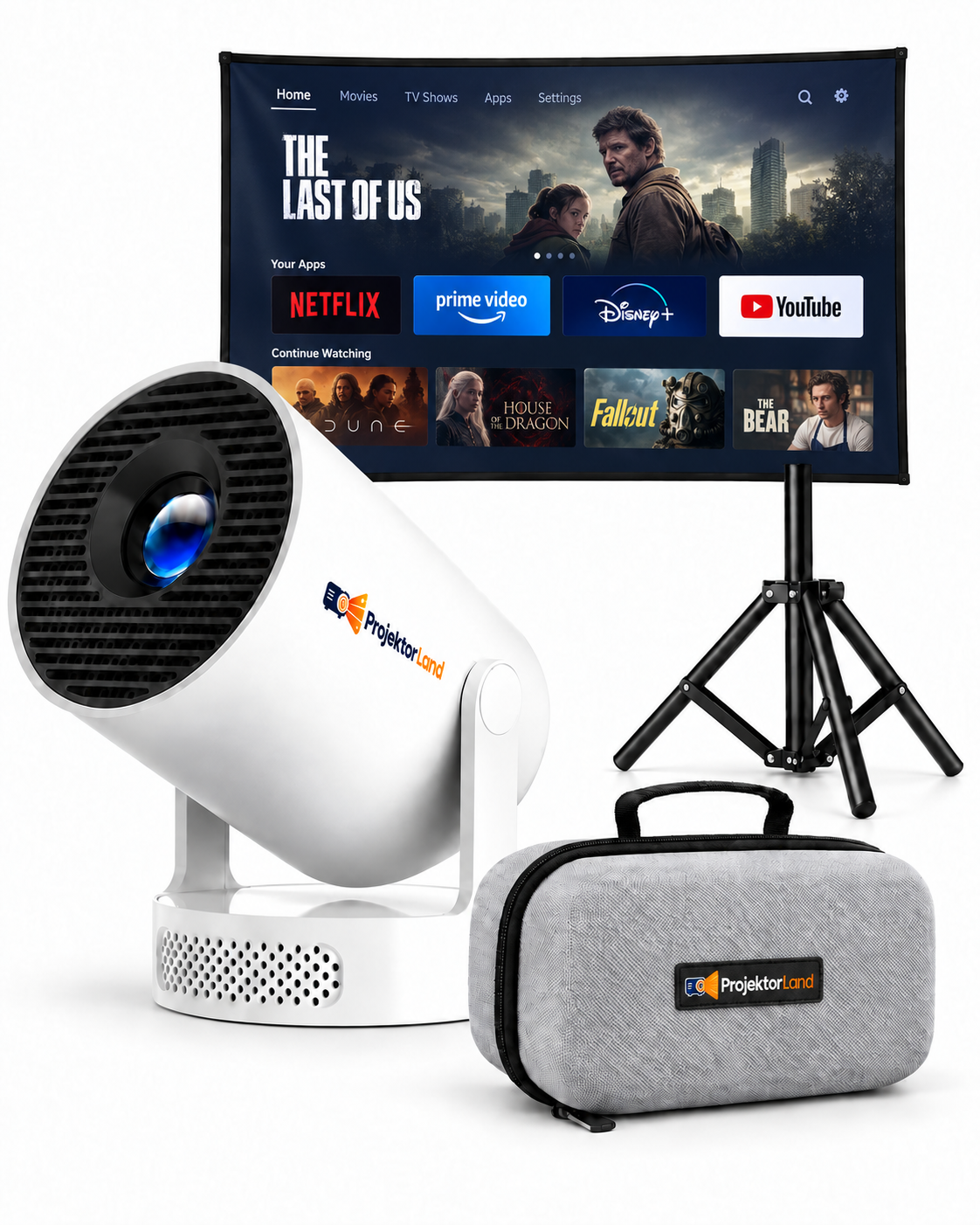 Luma One met scherm van 80 inch, statief en ProjektorLand-tas; illustratief voorbeeld van streamingapps