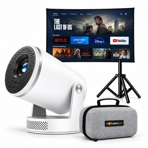 Luma Pro-beamer met projectiescherm, statief en grijze beschermtas