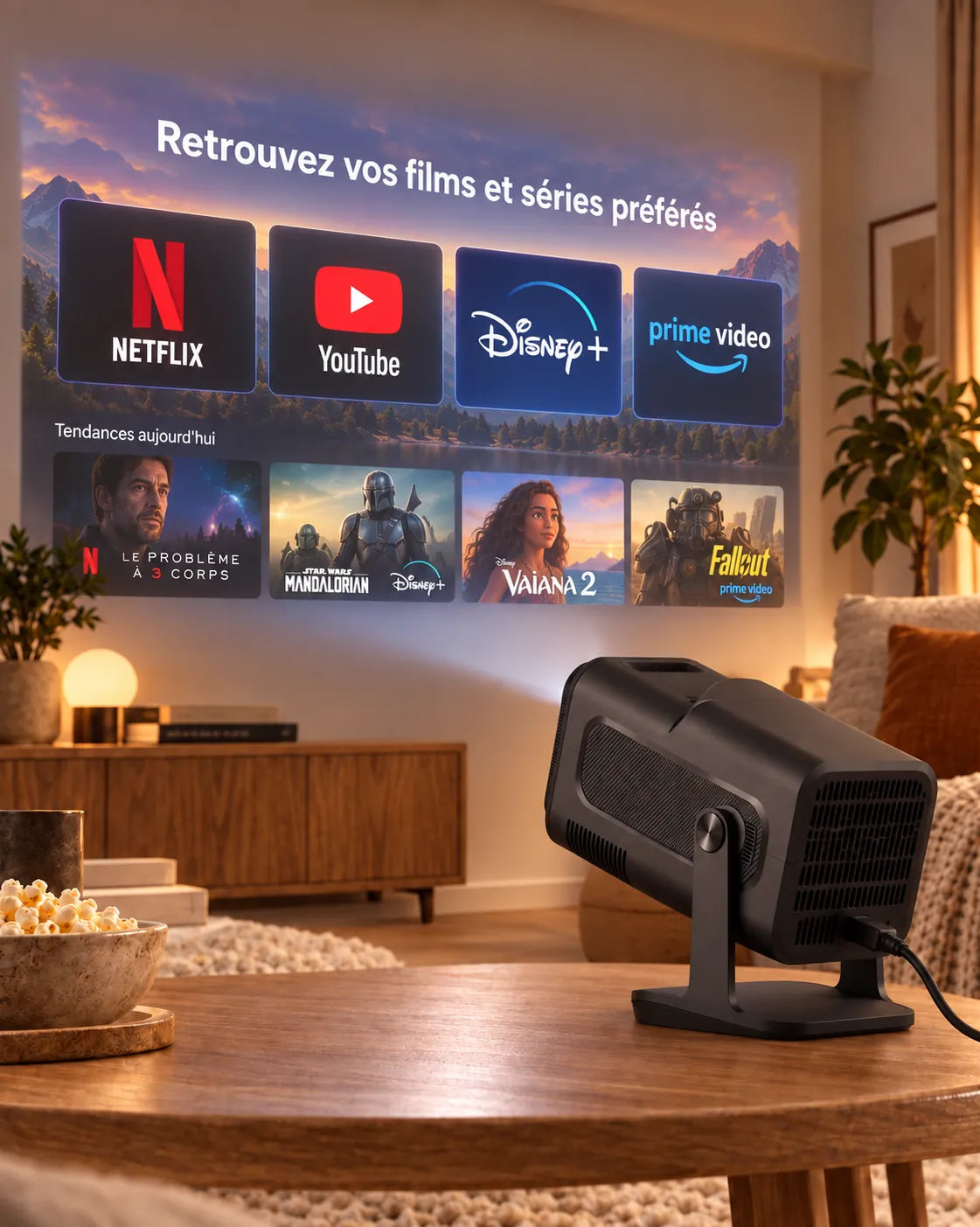 Nomad Mini – Netflix, YouTube, Disney+ en Prime Video geprojecteerd in een woonkamer