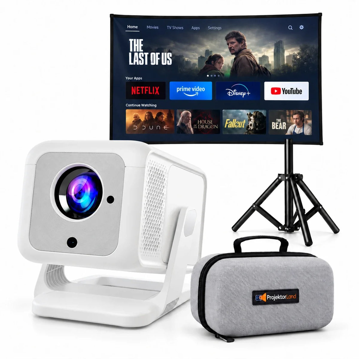 Nova Plus-beamer met projectiescherm, statief en grijze beschermtas