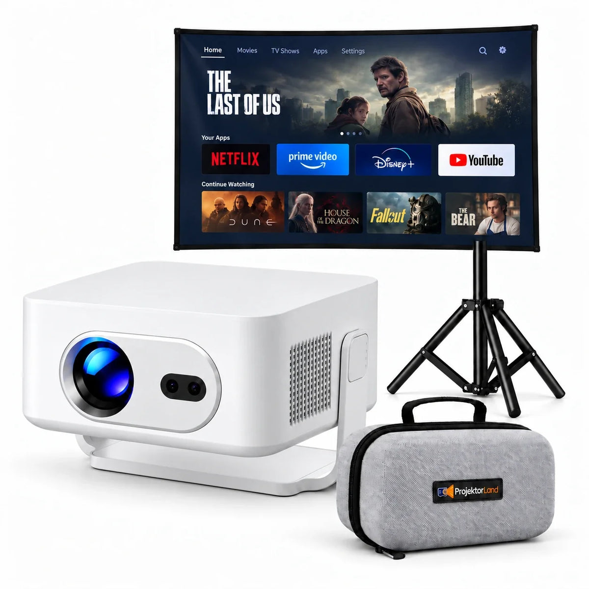 Vista Max-beamer met projectiescherm, statief en grijze beschermtas