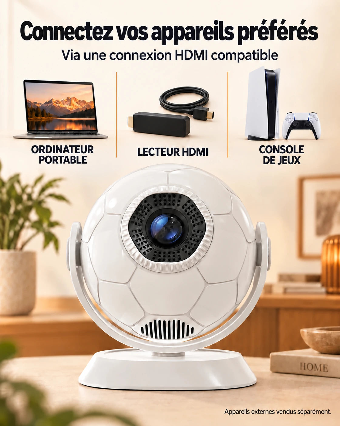 Mini-projecteur Projektorland Orbit – 300 lumens ANSI, Android 14, Wi-Fi, Bluetooth 5.4 et image de 35 à 135 pouces