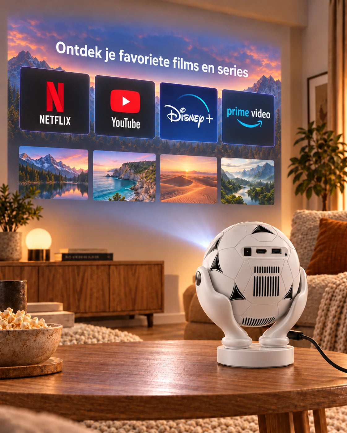 Mini beamer Projektorland Orbit Pro – 500 ANSI lumen, Full HD 1080p, elektronische scherpstelling, Android 14 en Wi-Fi 6