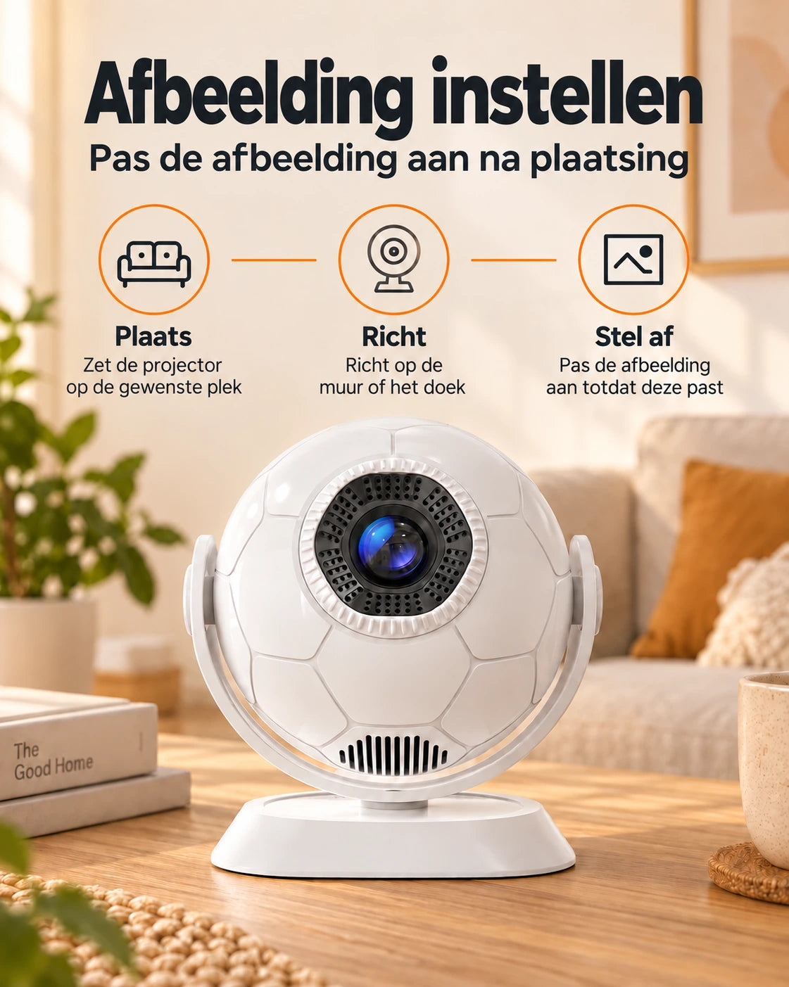 Mini beamer Projektorland Orbit – 300 ANSI lumen, Android 14, Wi-Fi, Bluetooth 5.4 en 35–135 inch
